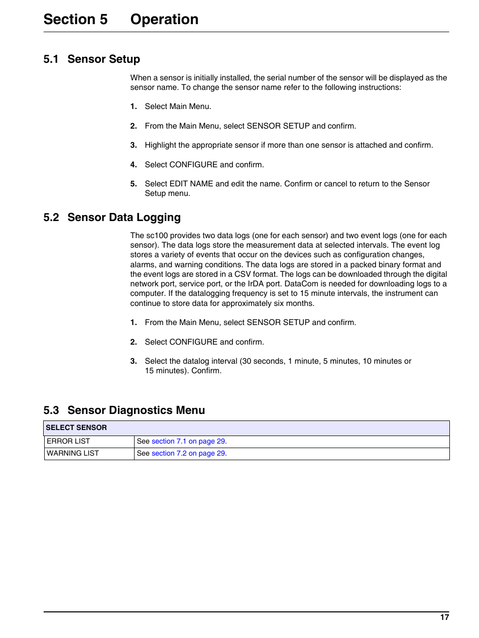Section 5 operation, 1 sensor setup, 2 sensor data logging | 3 sensor diagnostics menu | Hach-Lange 1720E Low Range Turbidimeter User Manual | Page 21 / 48
