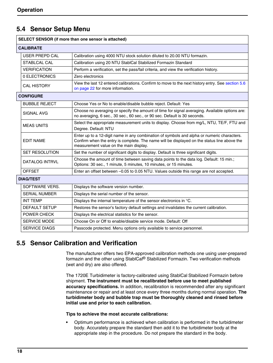 4 sensor setup menu, 5 sensor calibration and verification, Operation | Hach-Lange 1720E Low Range Turbidimeter User Manual | Page 22 / 48