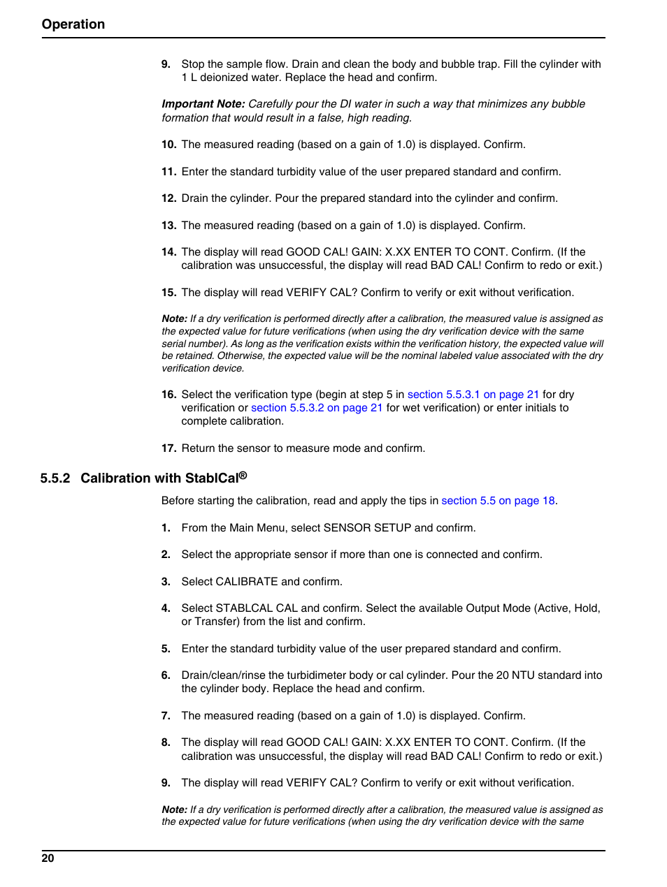 2 calibration with stablcal, Operation | Hach-Lange 1720E Low Range Turbidimeter User Manual | Page 24 / 48
