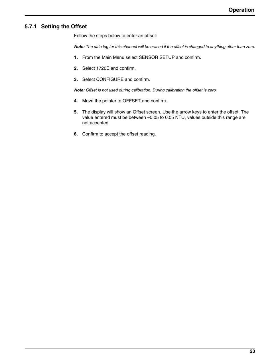 1 setting the offset, Operation 5.7.1 setting the offset | Hach-Lange 1720E Low Range Turbidimeter User Manual | Page 27 / 48