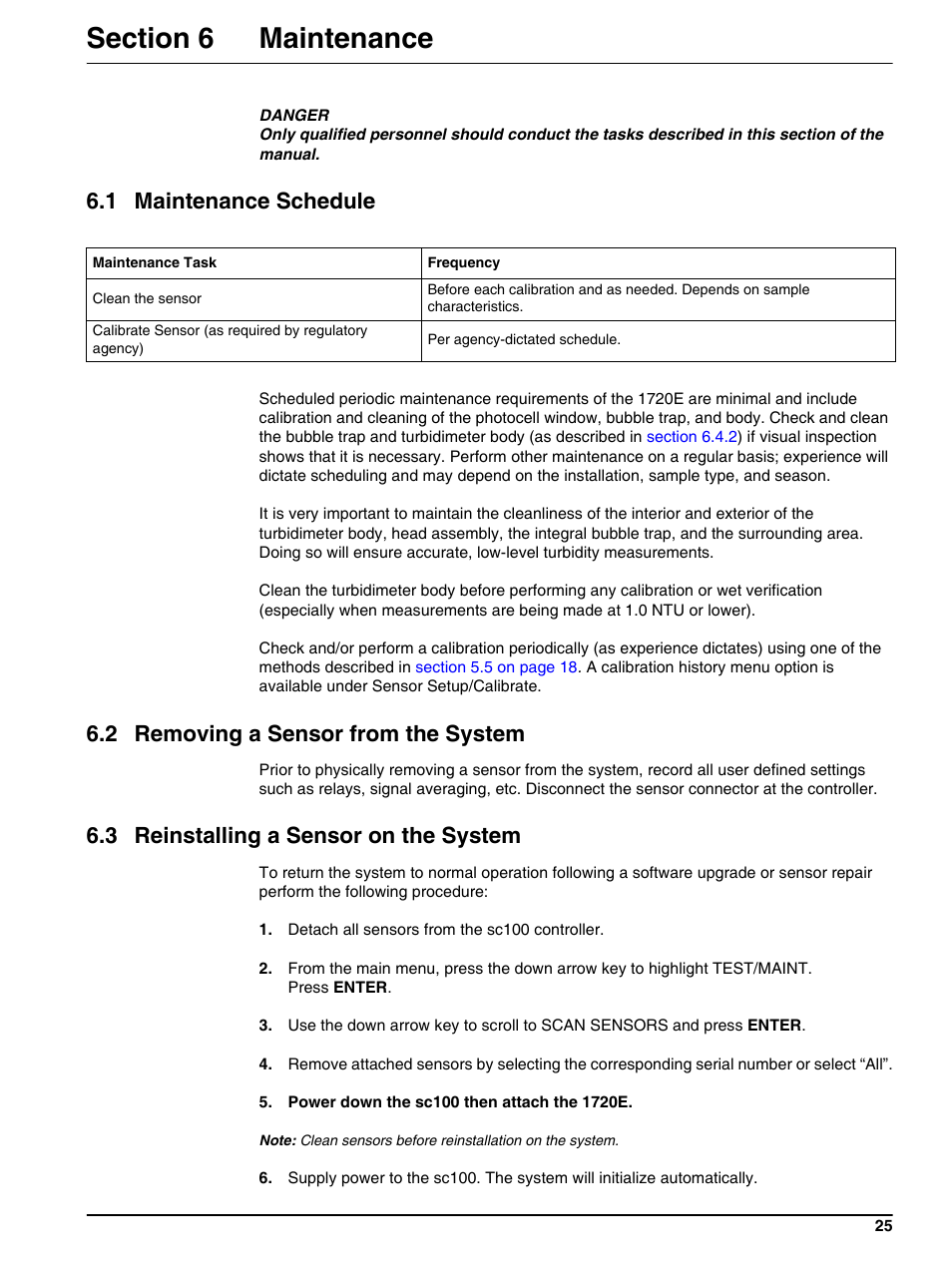 Section 6 maintenance, 1 maintenance schedule, 2 removing a sensor from the system | 3 reinstalling a sensor on the system | Hach-Lange 1720E Low Range Turbidimeter User Manual | Page 29 / 48