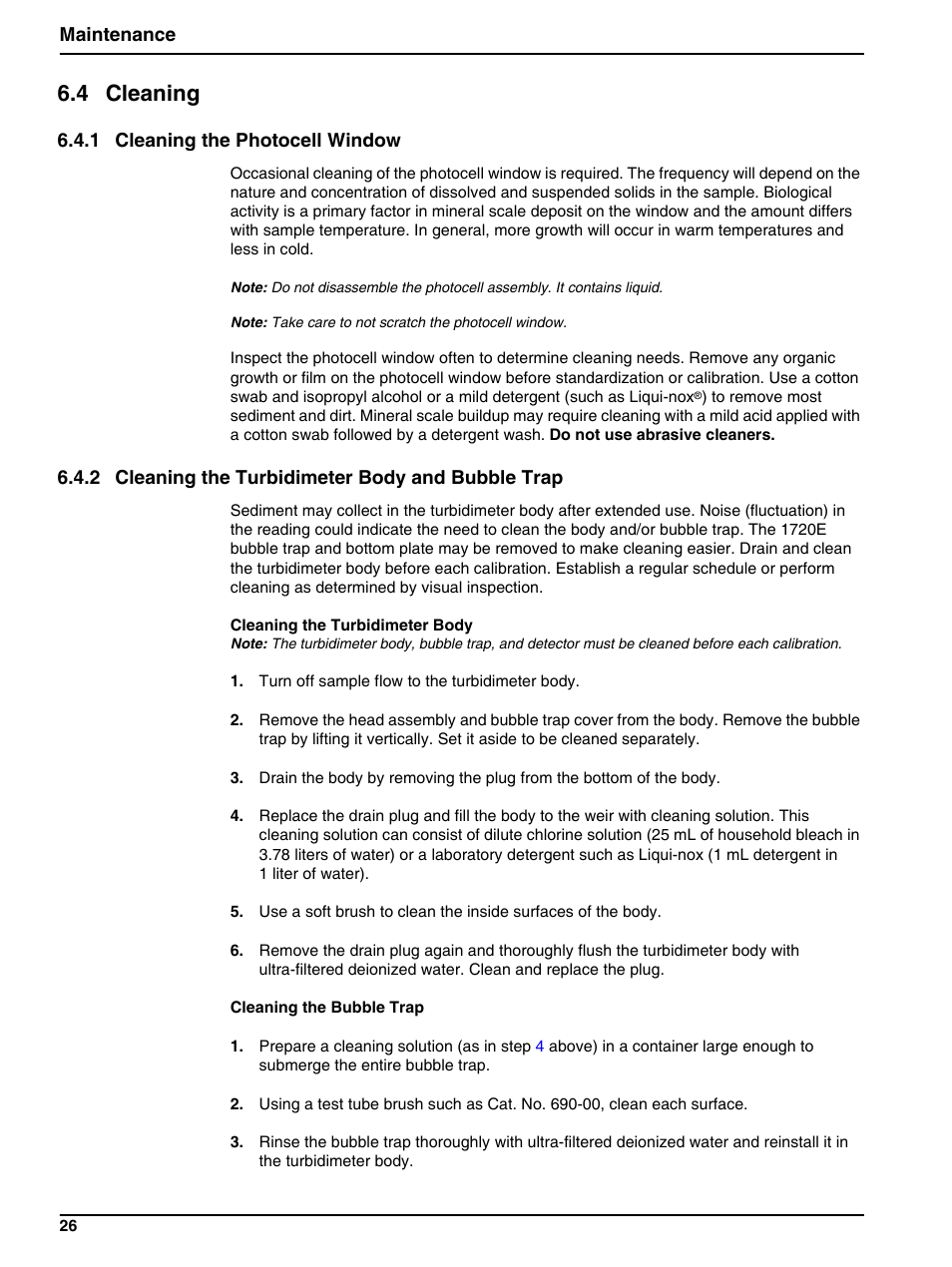 4 cleaning, 1 cleaning the photocell window, 2 cleaning the turbidimeter body and bubble trap | Section 6.4.2, Maintenance | Hach-Lange 1720E Low Range Turbidimeter User Manual | Page 30 / 48