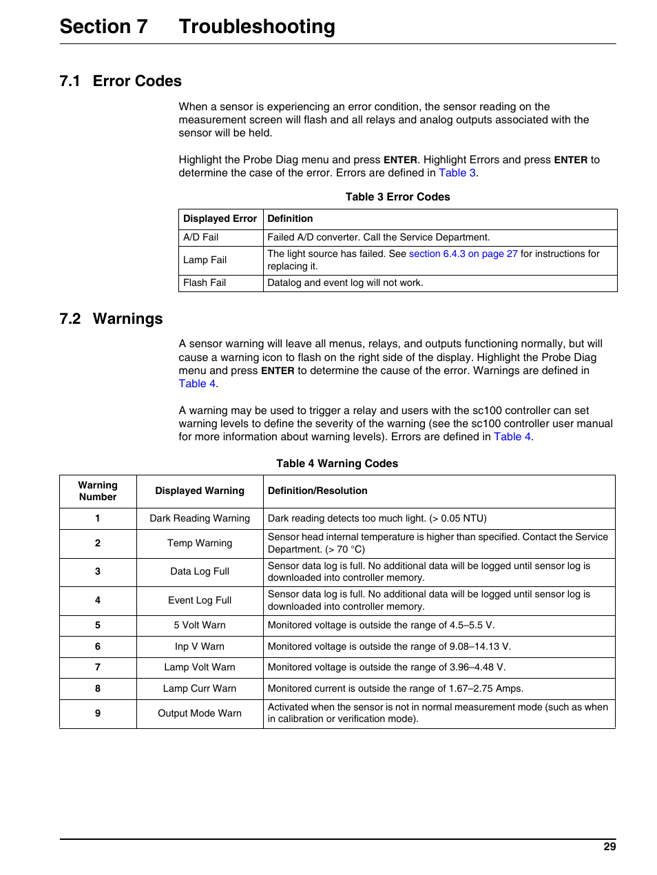 Section 7 troubleshooting, 1 error codes, 2 warnings | 1 error codes 7.2 warnings | Hach-Lange 1720E Low Range Turbidimeter User Manual | Page 33 / 48