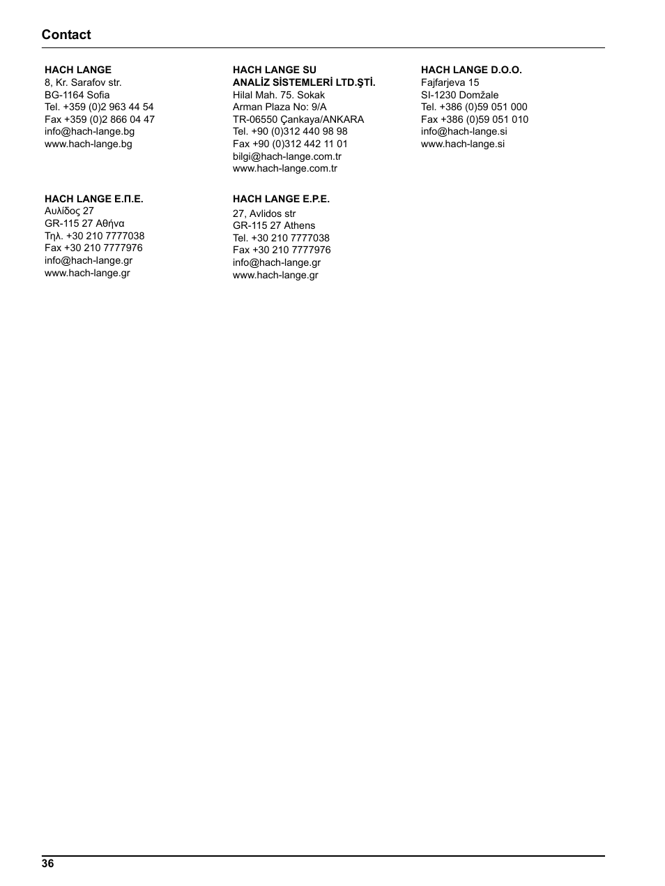 Contact | Hach-Lange 1720E Low Range Turbidimeter User Manual | Page 40 / 48