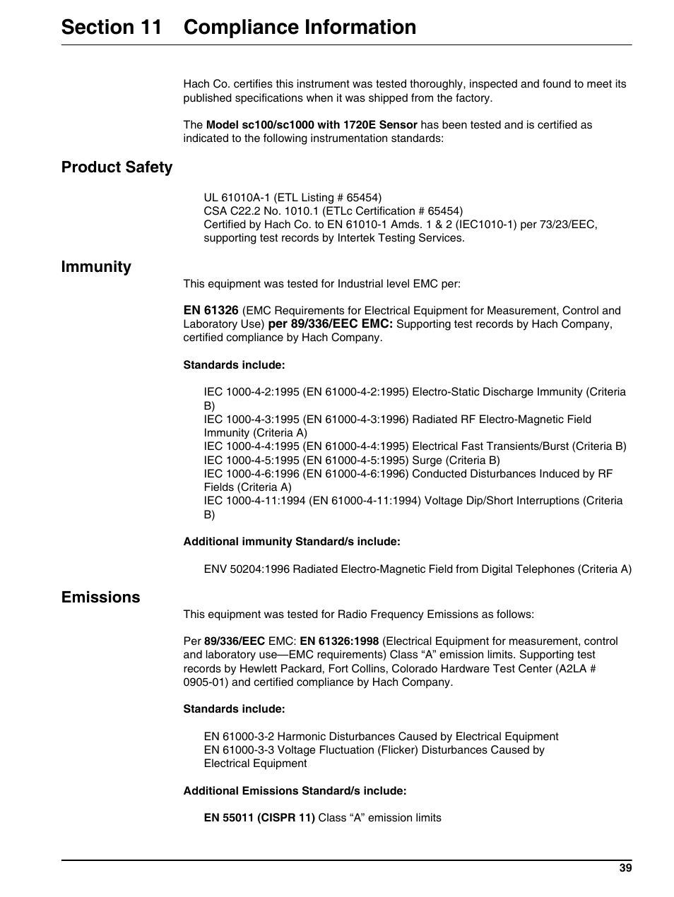 Section 11 compliance information, Product safety, Immunity | Emissions | Hach-Lange 1720E Low Range Turbidimeter User Manual | Page 43 / 48