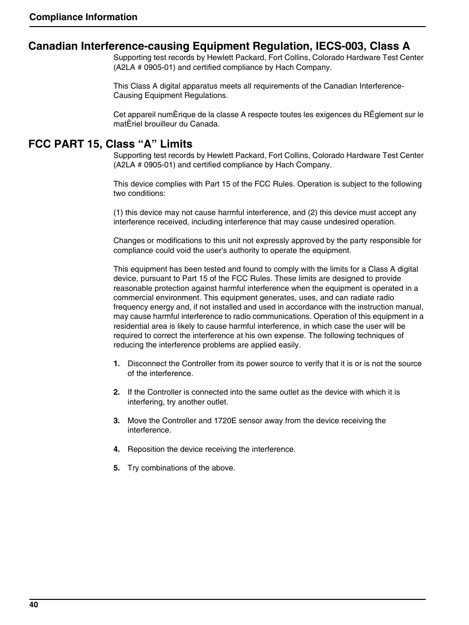 Fcc part 15, class “a” limits | Hach-Lange 1720E Low Range Turbidimeter User Manual | Page 44 / 48