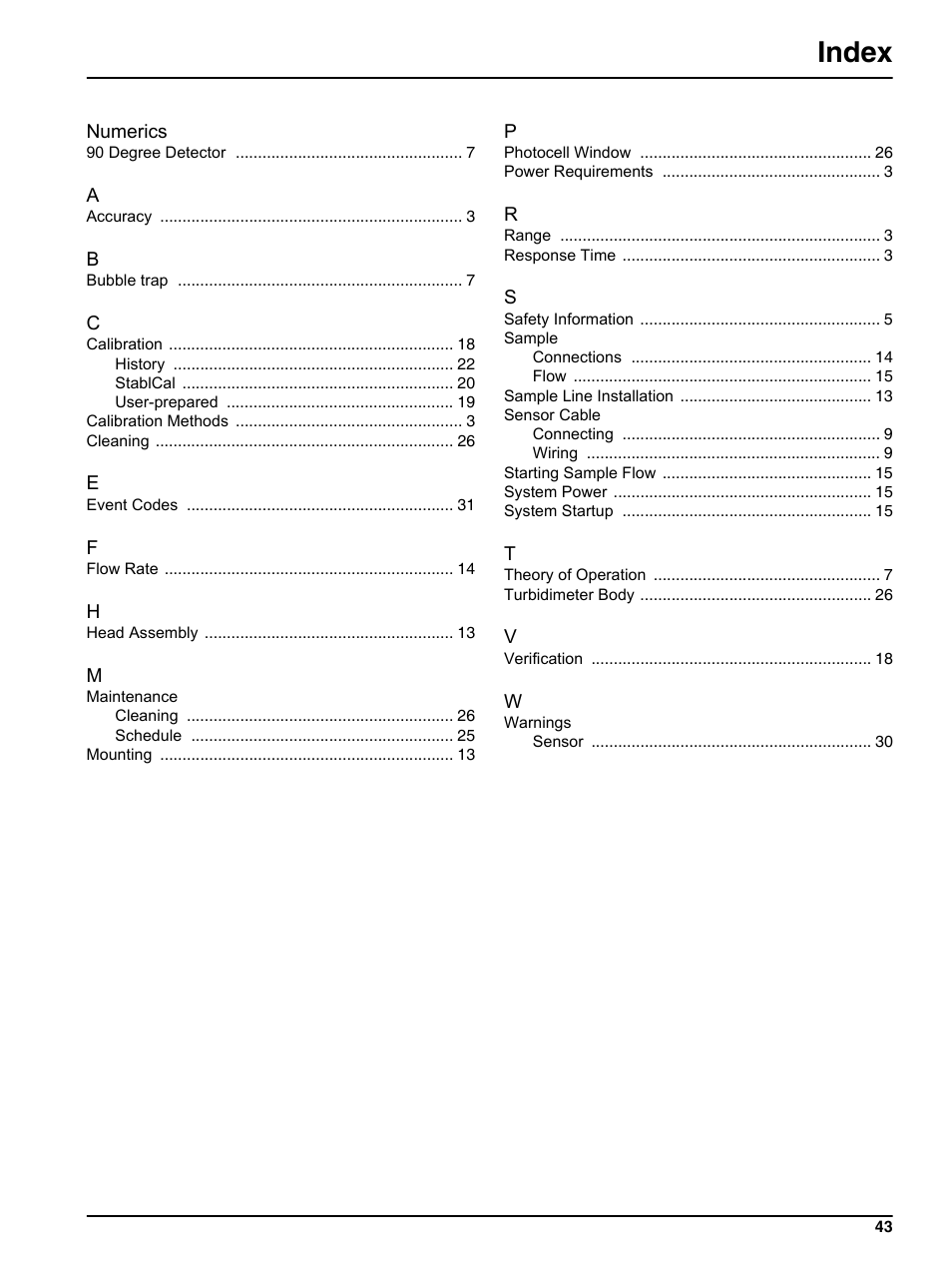 Index | Hach-Lange 1720E Low Range Turbidimeter User Manual | Page 47 / 48