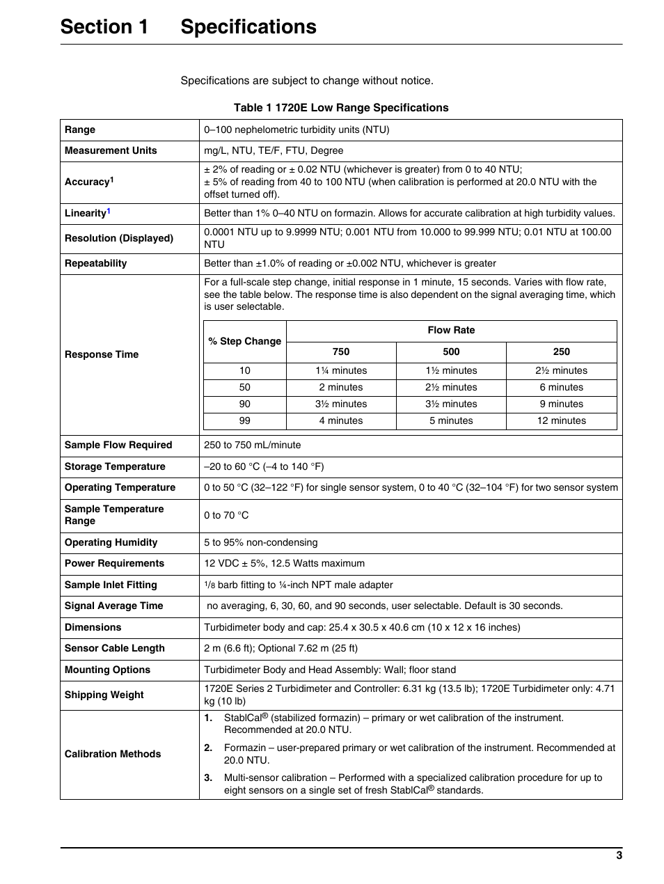 Section 1 specifications | Hach-Lange 1720E Low Range Turbidimeter User Manual | Page 7 / 48