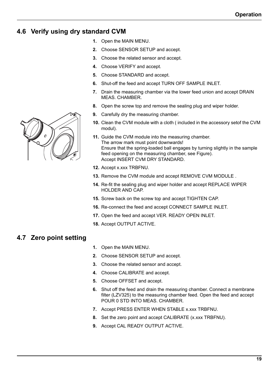 6 verify using dry standard cvm, 7 zero point setting, Operation | Hach-Lange ULTRATURB sc basic_plus_seawater User Manual | Page 19 / 36