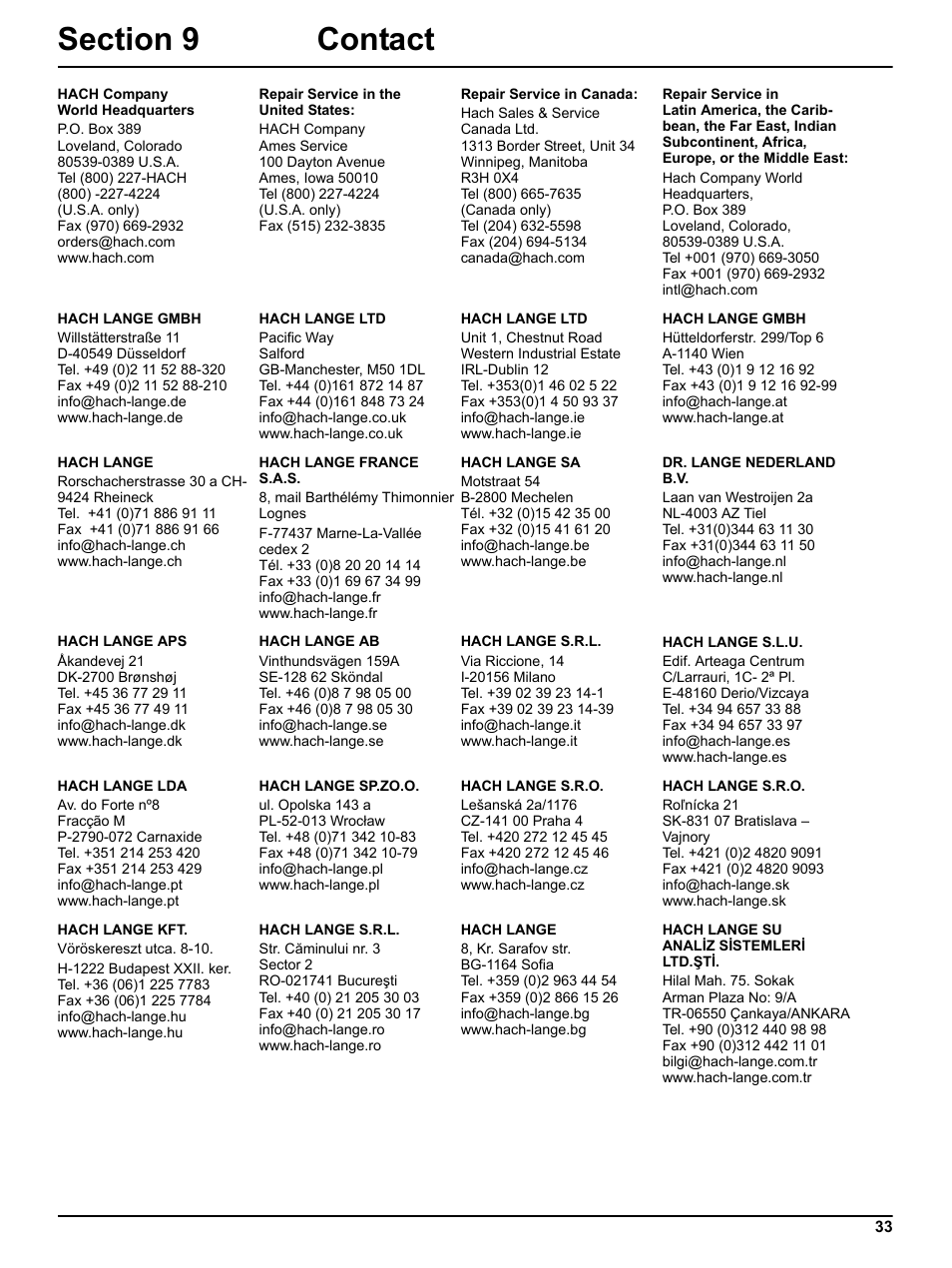 Section 9 contact | Hach-Lange ULTRATURB sc basic_plus_seawater User Manual | Page 33 / 36