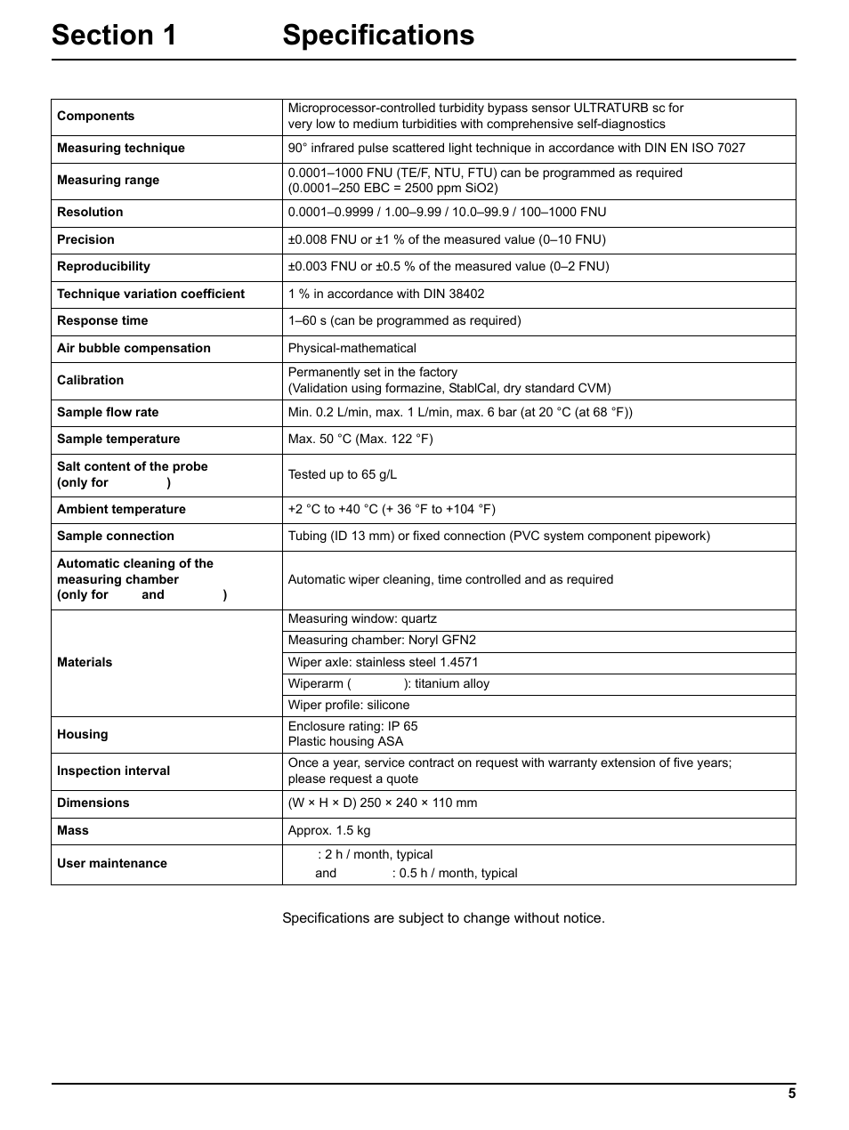 Section 1 specifications | Hach-Lange ULTRATURB sc basic_plus_seawater User Manual | Page 5 / 36