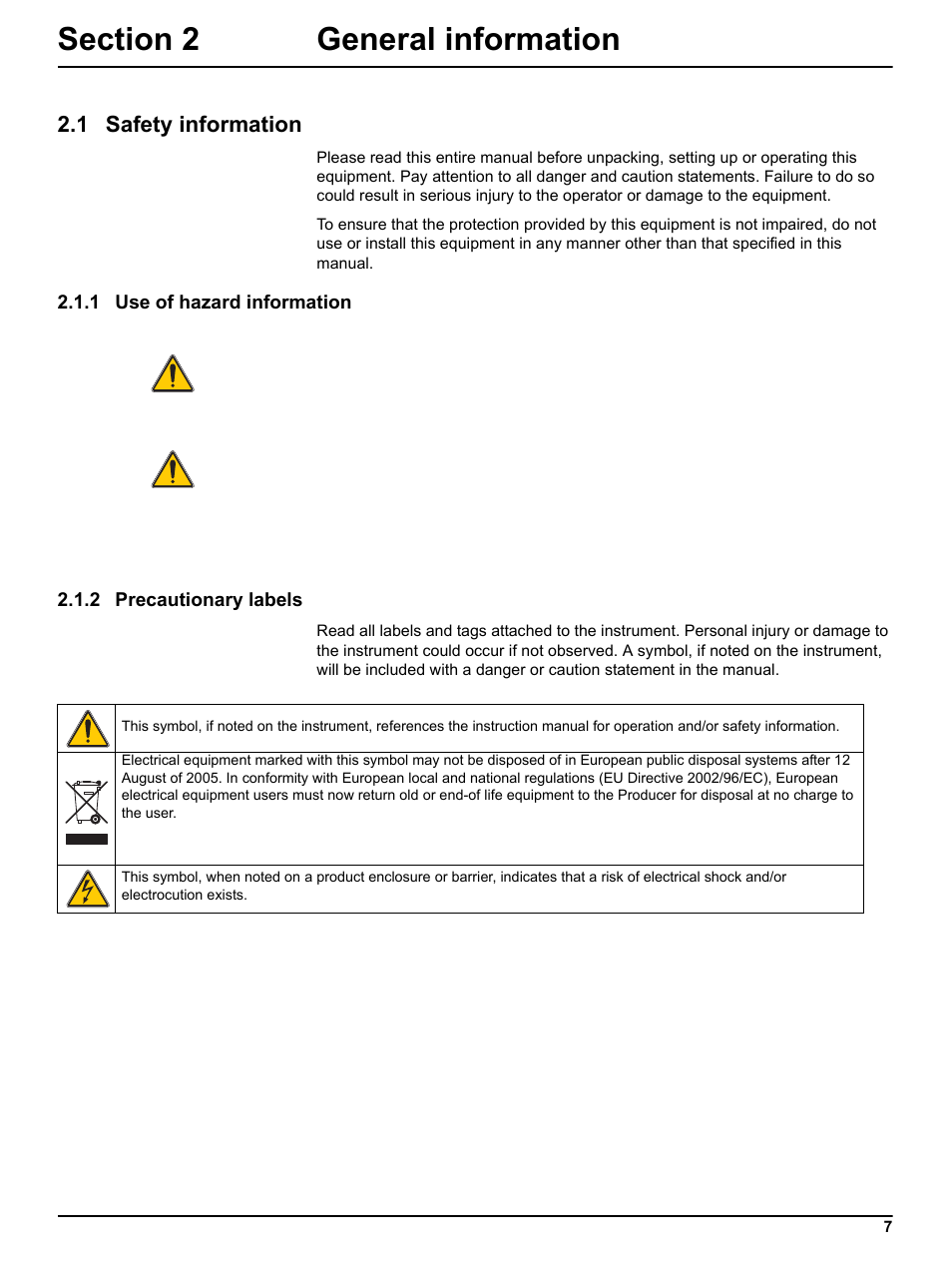 Section 2 general information, 1 safety information, 1 use of hazard information | 2 precautionary labels | Hach-Lange ULTRATURB sc basic_plus_seawater User Manual | Page 7 / 36