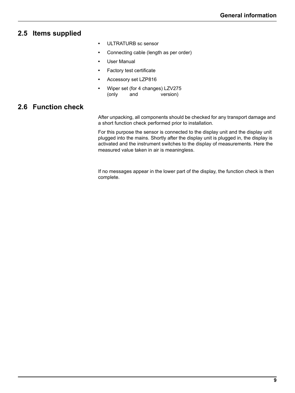 5 items supplied, 6 function check, 5 items supplied 2.6 function check | Hach-Lange ULTRATURB sc basic_plus_seawater User Manual | Page 9 / 36