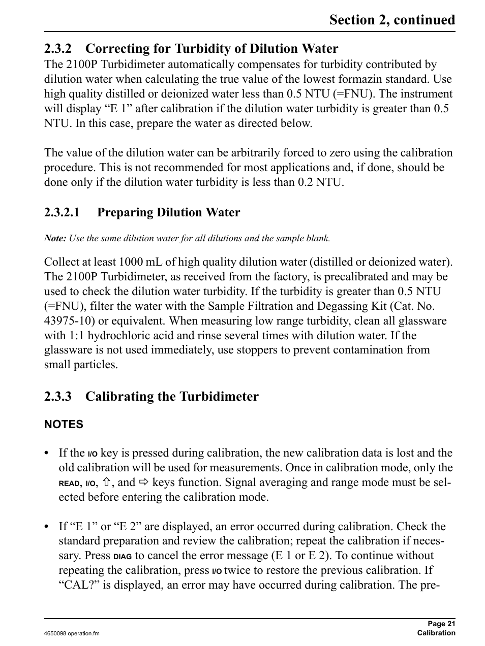 2 correcting for turbidity of dilution water, 1 preparing dilution water, 3 calibrating the turbidimeter | Hach-Lange 2100P - Portable Turbidimeter Instrument User Manual | Page 21 / 37