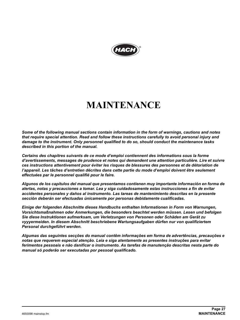 Maintenance | Hach-Lange 2100P - Portable Turbidimeter Instrument User Manual | Page 27 / 37