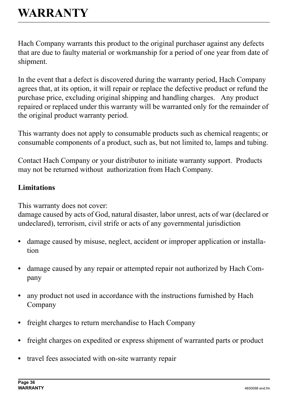 Warranty | Hach-Lange 2100P - Portable Turbidimeter Instrument User Manual | Page 36 / 37