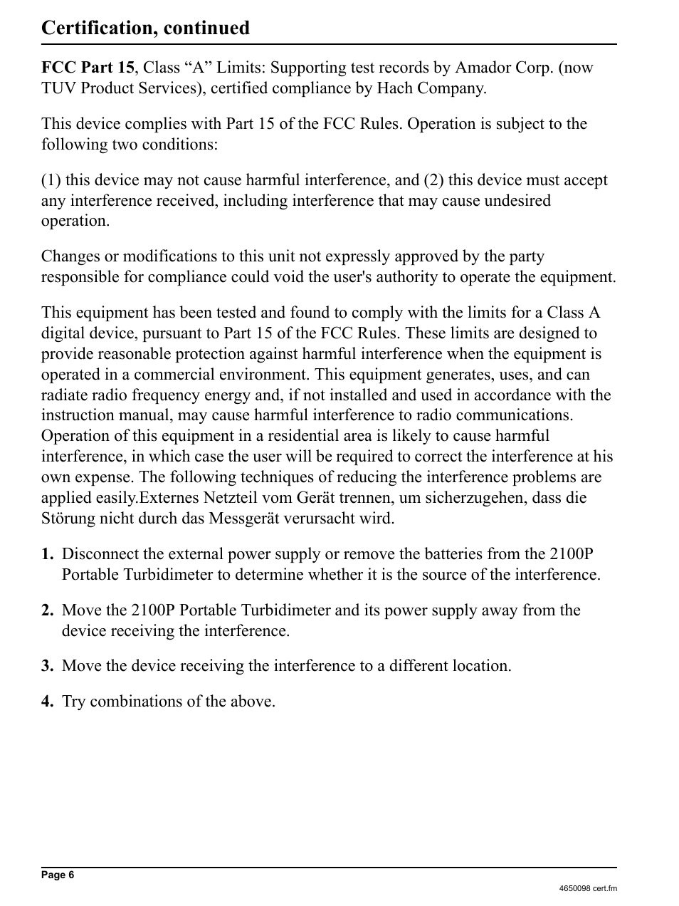 Certification, continued | Hach-Lange 2100P - Portable Turbidimeter Instrument User Manual | Page 6 / 37