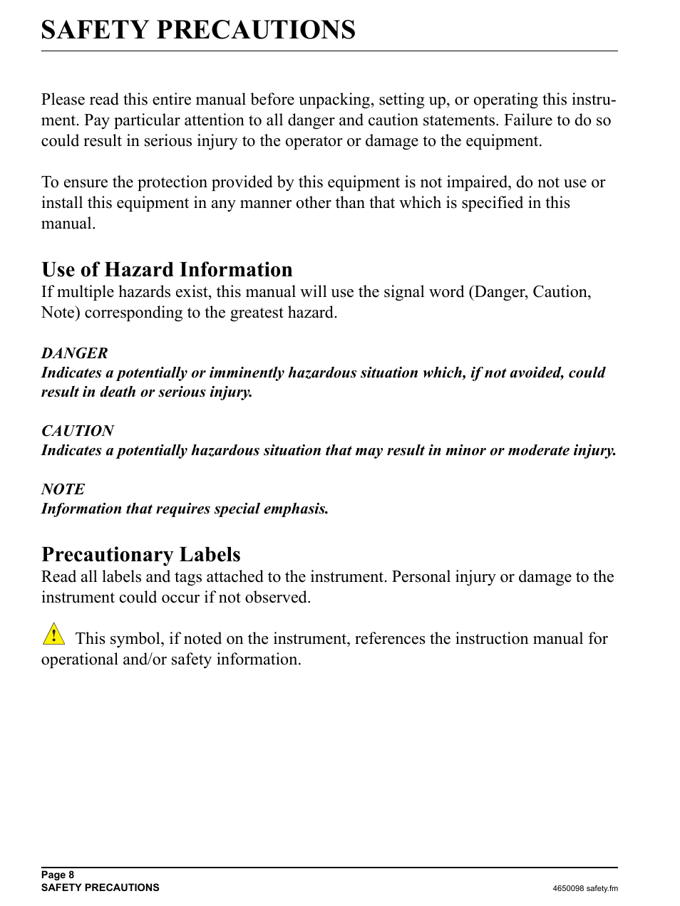 Safety precautions, Use of hazard information, Precautionary labels | Hach-Lange 2100P - Portable Turbidimeter Instrument User Manual | Page 8 / 37