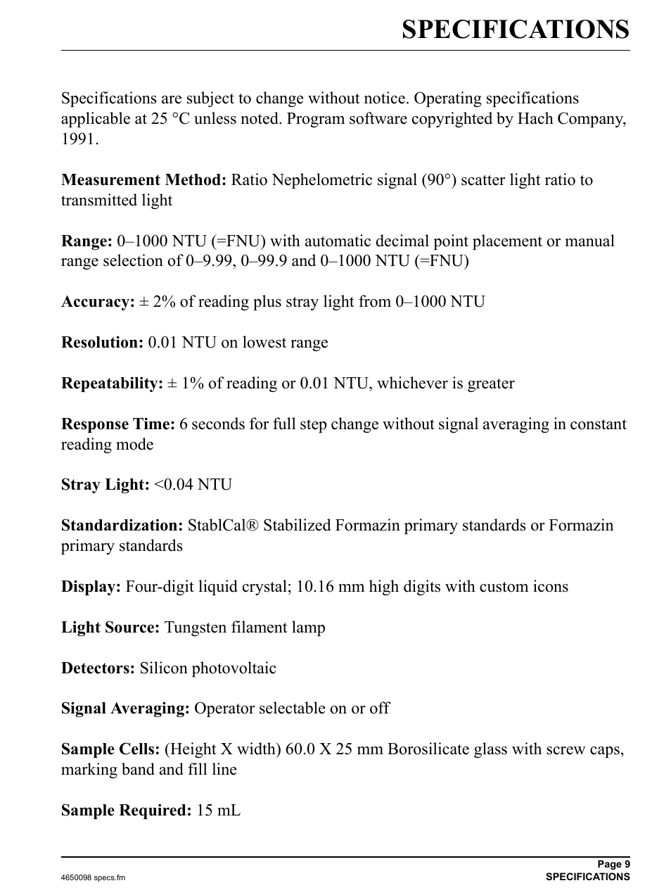 Specifications | Hach-Lange 2100P - Portable Turbidimeter Instrument User Manual | Page 9 / 37