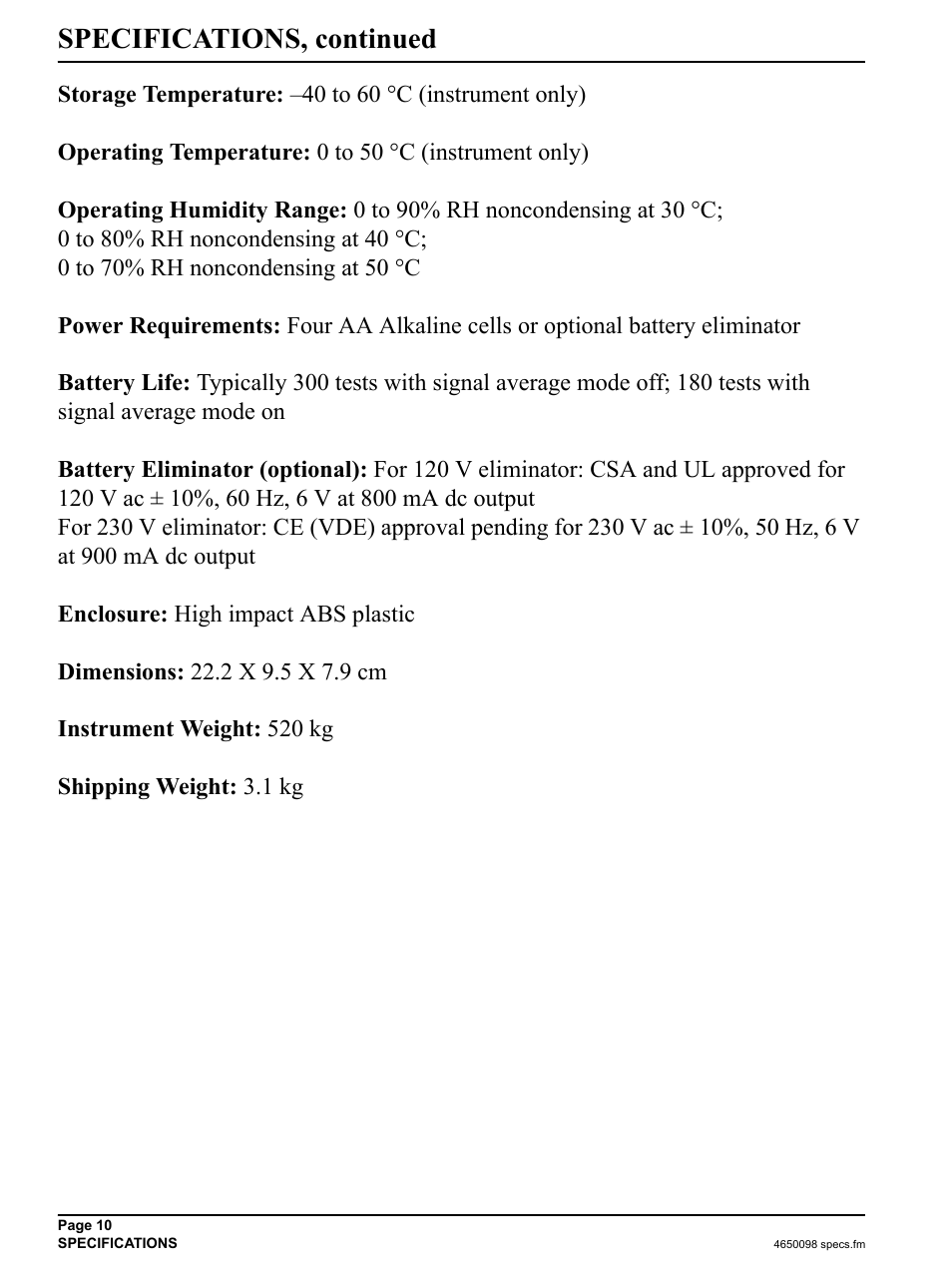 Specifications, continued | Hach-Lange 2100P iso - Portable Turbidimeter Instrument User Manual | Page 10 / 37