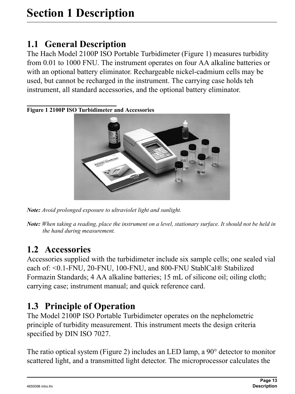 Section 1 description, 1 general description, 2 accessories | 3 principle of operation | Hach-Lange 2100P iso - Portable Turbidimeter Instrument User Manual | Page 13 / 37