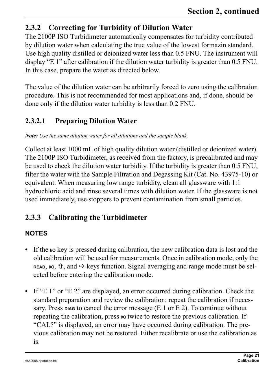 2 correcting for turbidity of dilution water, 1 preparing dilution water, 3 calibrating the turbidimeter | Hach-Lange 2100P iso - Portable Turbidimeter Instrument User Manual | Page 21 / 37