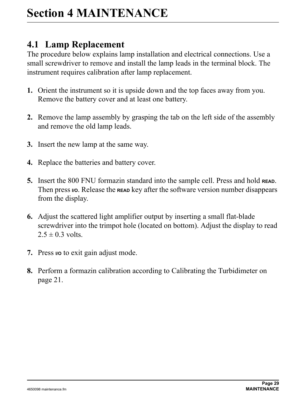 Section 4 maintenance, 1 lamp replacement | Hach-Lange 2100P iso - Portable Turbidimeter Instrument User Manual | Page 29 / 37