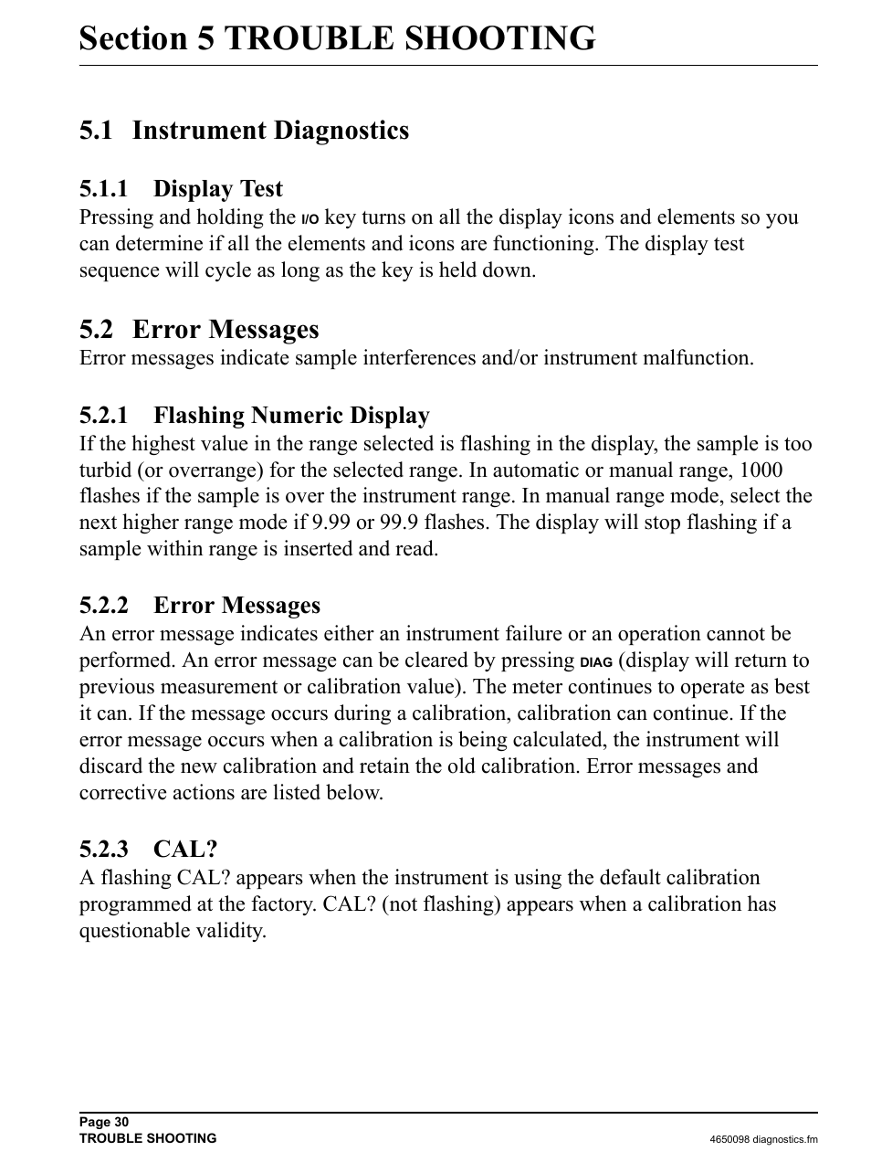 Section 5 trouble shooting, 1 instrument diagnostics, 1 display test | 2 error messages, 1 flashing numeric display, 3 cal | Hach-Lange 2100P iso - Portable Turbidimeter Instrument User Manual | Page 30 / 37