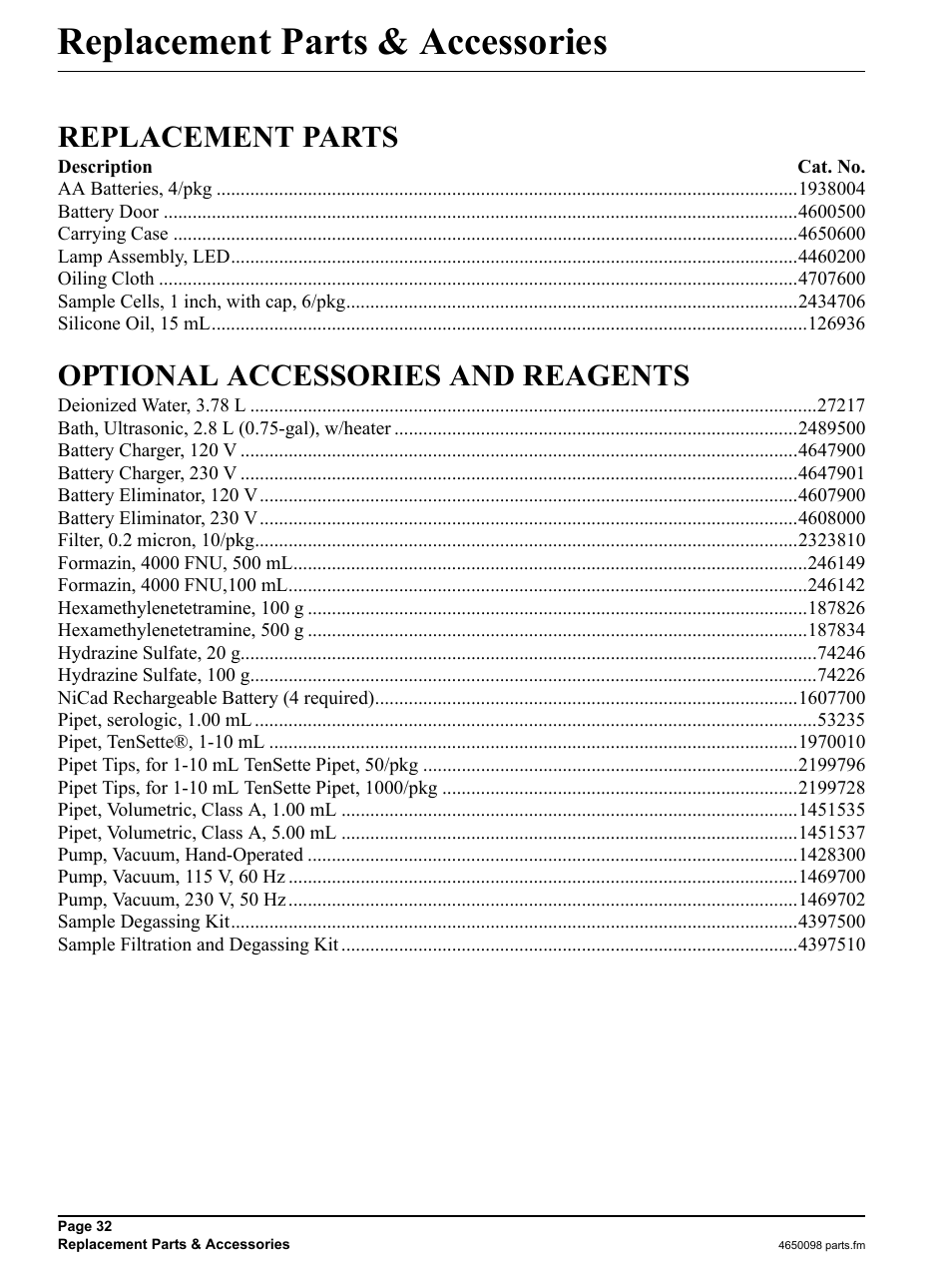 Replacement parts & accessories, Replacement parts, Optional accessories and reagents | Hach-Lange 2100P iso - Portable Turbidimeter Instrument User Manual | Page 32 / 37