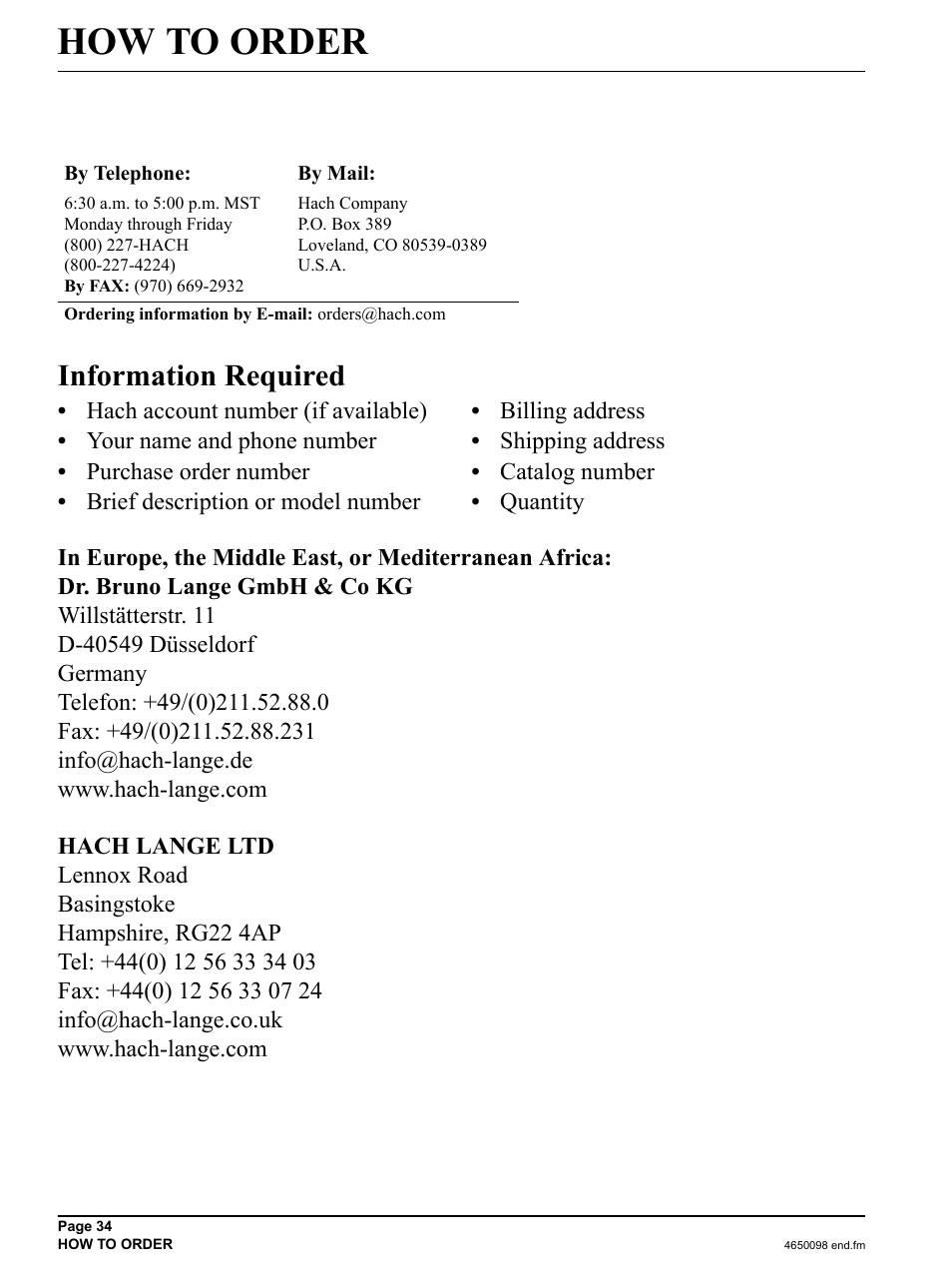 How to order, Information required | Hach-Lange 2100P iso - Portable Turbidimeter Instrument User Manual | Page 34 / 37