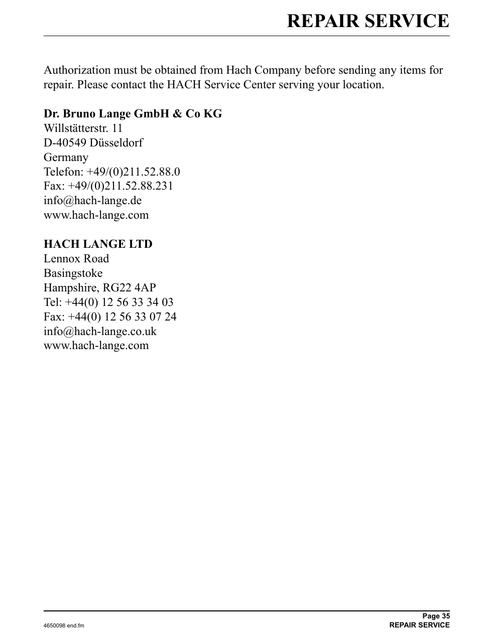 Repair service | Hach-Lange 2100P iso - Portable Turbidimeter Instrument User Manual | Page 35 / 37