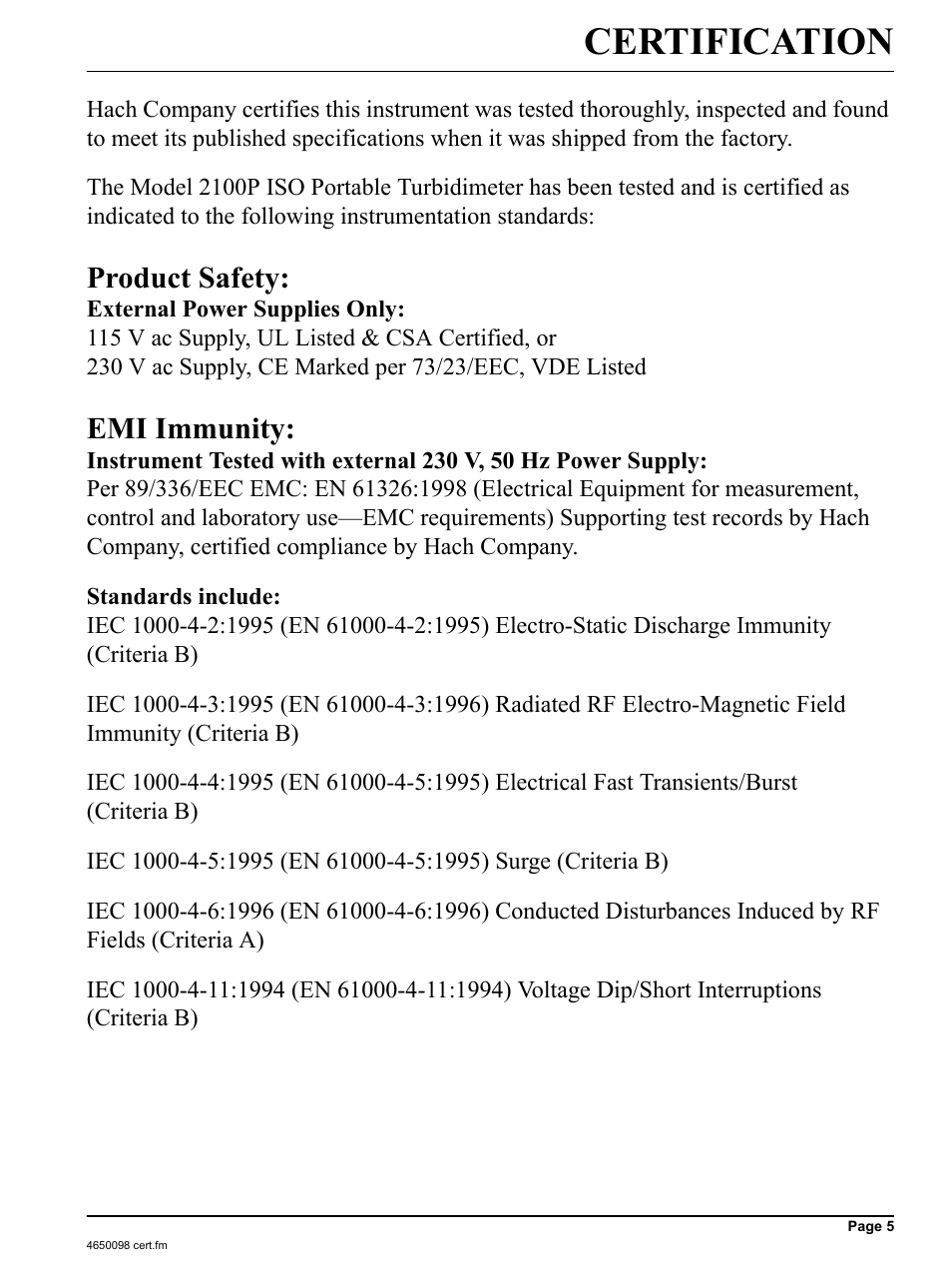 Certification, Product safety, Emi immunity | Hach-Lange 2100P iso - Portable Turbidimeter Instrument User Manual | Page 5 / 37