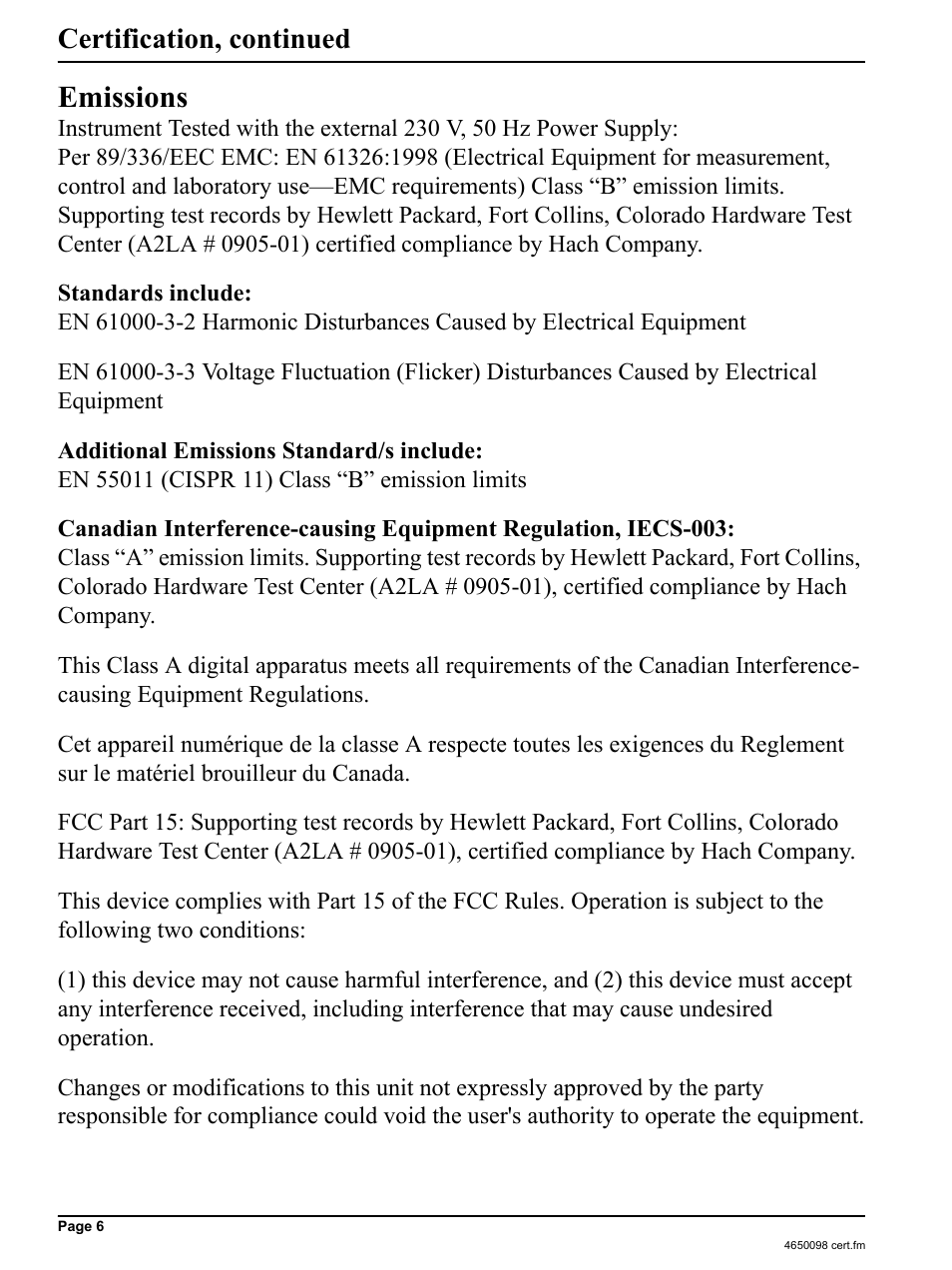 Emissions, Certification, continued | Hach-Lange 2100P iso - Portable Turbidimeter Instrument User Manual | Page 6 / 37