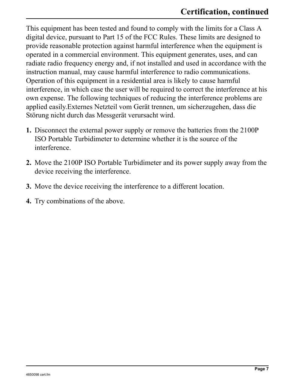 Certification, continued | Hach-Lange 2100P iso - Portable Turbidimeter Instrument User Manual | Page 7 / 37