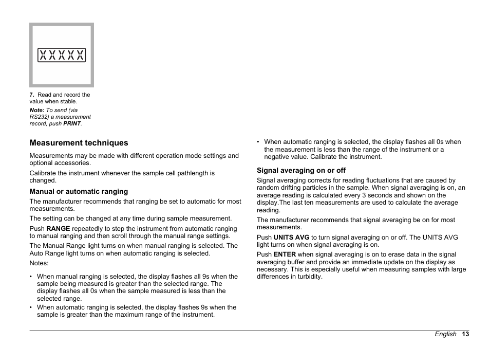 Measurement techniques, Manual or automatic ranging, Signal averaging on or off | Hach-Lange 2100 N IS Laboratory Turbidimeter Basic User Manual User Manual | Page 13 / 64