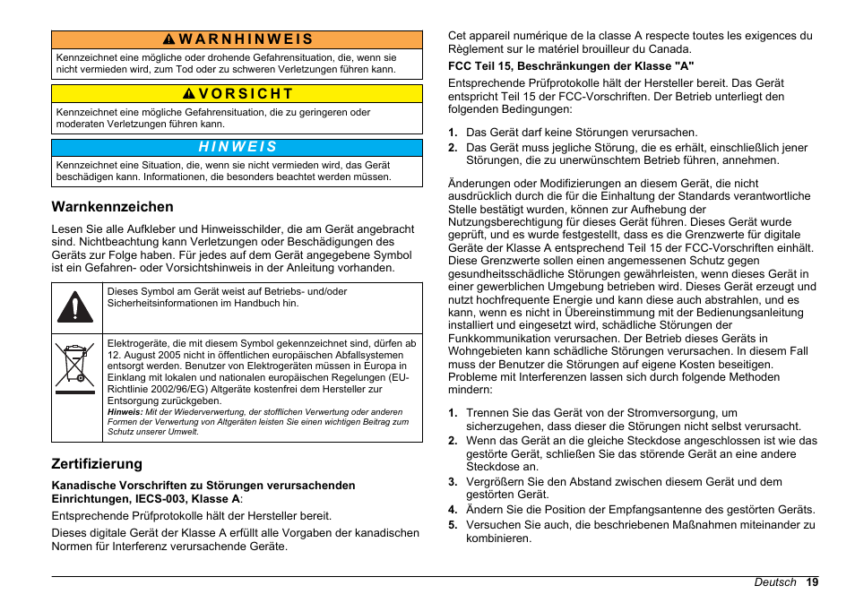 Warnkennzeichen, Zertifizierung | Hach-Lange 2100 N IS Laboratory Turbidimeter Basic User Manual User Manual | Page 19 / 64