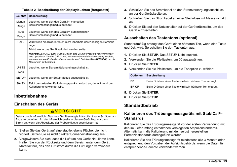 Inbetriebnahme, Einschalten des geräts, Ausschalten des tastentons (optional) | Standardbetrieb, Auf seite 23, Kalibrieren des trübungsmessgeräts mit stablcal, Standards | Hach-Lange 2100 N IS Laboratory Turbidimeter Basic User Manual User Manual | Page 23 / 64