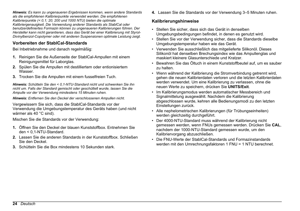 Vorbereiten der stablcal-standards, Kalibrierungshinweise | Hach-Lange 2100 N IS Laboratory Turbidimeter Basic User Manual User Manual | Page 24 / 64