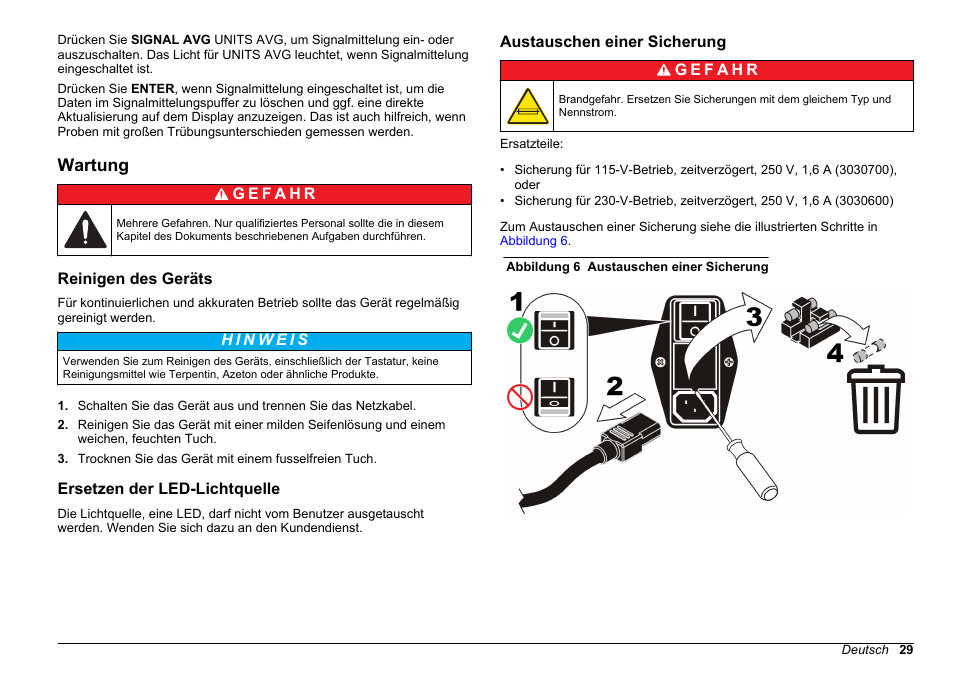 Wartung, Reinigen des geräts, Ersetzen der led-lichtquelle | Austauschen einer sicherung, Auf seite 29 | Hach-Lange 2100 N IS Laboratory Turbidimeter Basic User Manual User Manual | Page 29 / 64
