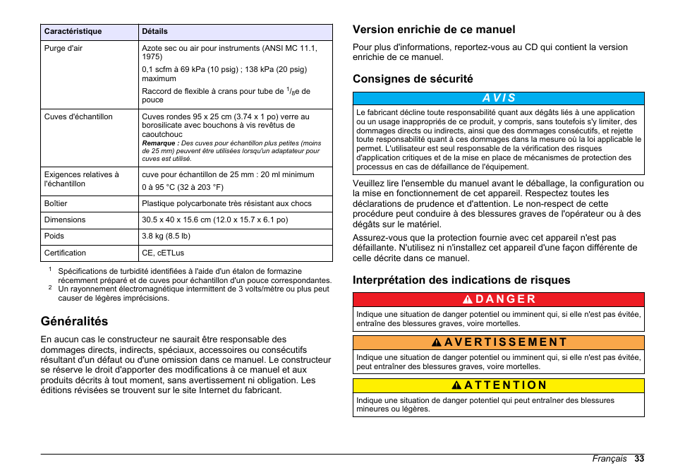 Généralités, Version enrichie de ce manuel, Consignes de sécurité | Interprétation des indications de risques | Hach-Lange 2100 N IS Laboratory Turbidimeter Basic User Manual User Manual | Page 33 / 64