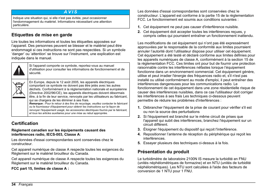 Etiquettes de mise en garde, Certification, Présentation du produit | A v i s | Hach-Lange 2100 N IS Laboratory Turbidimeter Basic User Manual User Manual | Page 34 / 64
