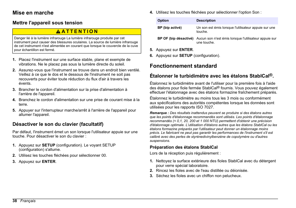 Mise en marche, Mettre l'appareil sous tension, Désactiver le son du clavier (facultatif) | Fonctionnement standard, Préparation des étalons stablcal | Hach-Lange 2100 N IS Laboratory Turbidimeter Basic User Manual User Manual | Page 38 / 64