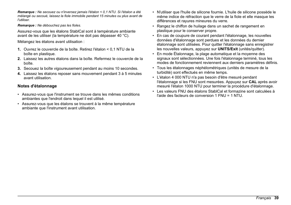 Notes d'étalonnage | Hach-Lange 2100 N IS Laboratory Turbidimeter Basic User Manual User Manual | Page 39 / 64