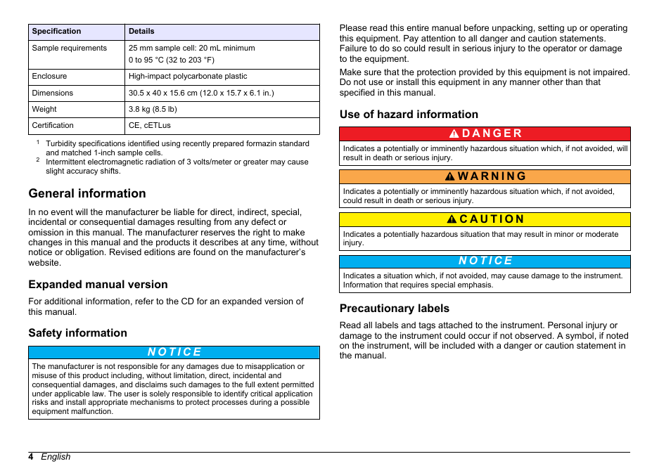 General information, Expanded manual version, Safety information | Use of hazard information, Precautionary labels | Hach-Lange 2100 N IS Laboratory Turbidimeter Basic User Manual User Manual | Page 4 / 64