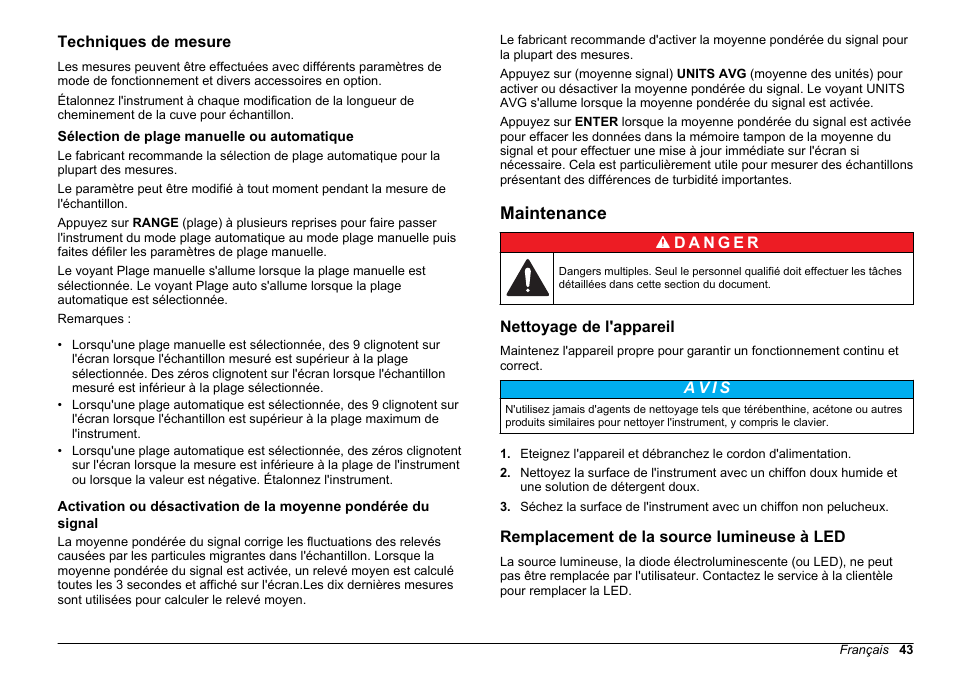 Techniques de mesure, Sélection de plage manuelle ou automatique, Maintenance | Nettoyage de l'appareil, Remplacement de la source lumineuse à led | Hach-Lange 2100 N IS Laboratory Turbidimeter Basic User Manual User Manual | Page 43 / 64