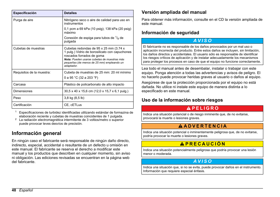 Información general, Versión ampliada del manual, Información de seguridad | Uso de la información sobre riesgos | Hach-Lange 2100 N IS Laboratory Turbidimeter Basic User Manual User Manual | Page 48 / 64
