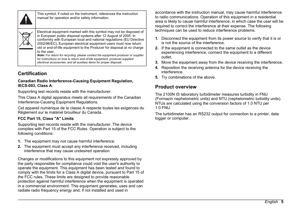 Certification, Product overview | Hach-Lange 2100 N IS Laboratory Turbidimeter Basic User Manual User Manual | Page 5 / 64