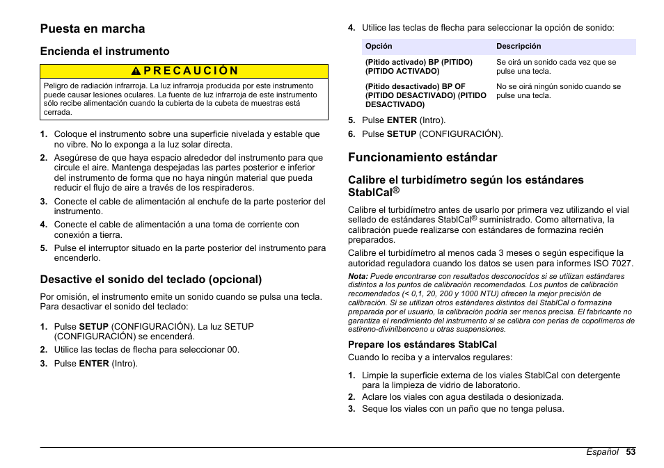 Puesta en marcha, Encienda el instrumento, Desactive el sonido del teclado (opcional) | Funcionamiento estándar, Prepare los estándares stablcal | Hach-Lange 2100 N IS Laboratory Turbidimeter Basic User Manual User Manual | Page 53 / 64