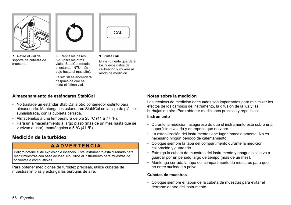 Almacenamiento de estándares stablcal, Medición de la turbidez, Notas sobre la medición | Hach-Lange 2100 N IS Laboratory Turbidimeter Basic User Manual User Manual | Page 56 / 64