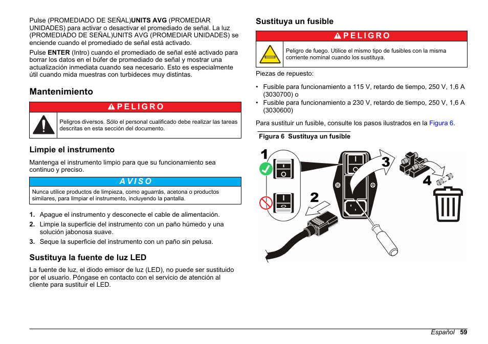 Mantenimiento, Limpie el instrumento, Sustituya la fuente de luz led | Sustituya un fusible | Hach-Lange 2100 N IS Laboratory Turbidimeter Basic User Manual User Manual | Page 59 / 64